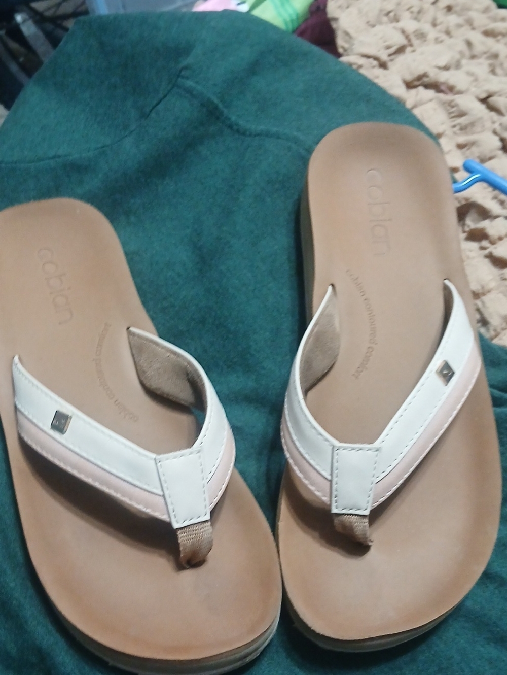 Cobian White and Tan Thong Sandals with Accent Stitching